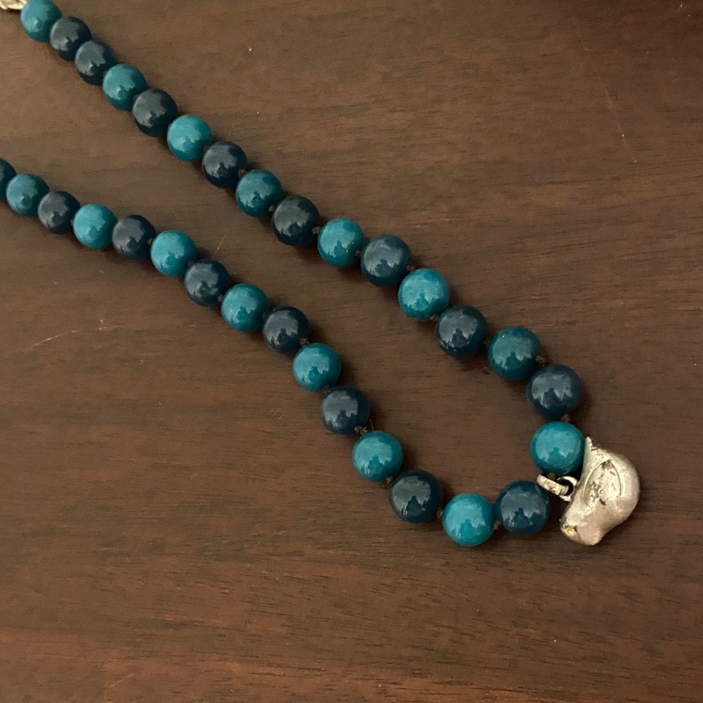 Fossil Beaded Necklace with silver bird.